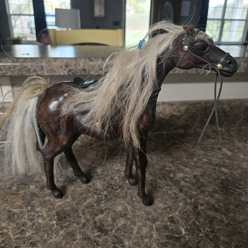 Vintage‎ Leather Wrapped Horse Figurine Real Horsehair Mane Tail Western...